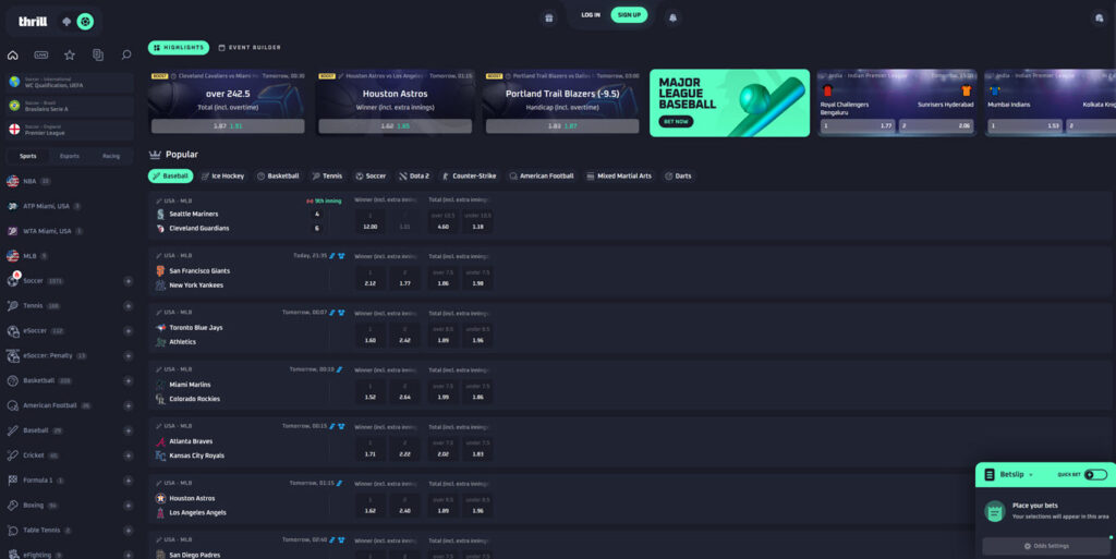 Screenshot der Sportwettenumgebung bei Thrill