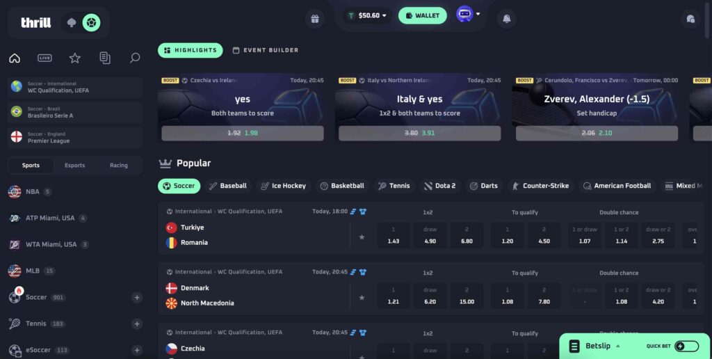 Screenshot der Sportwettenumgebund bei Thrill