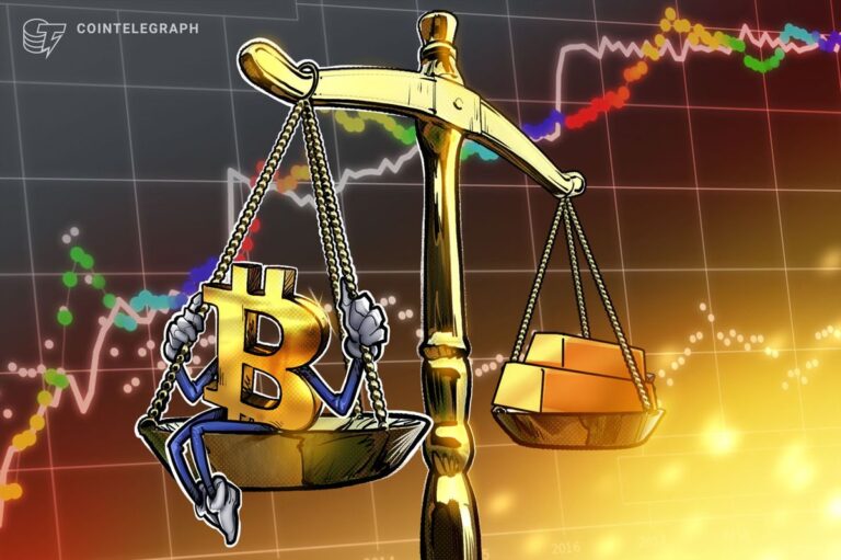 Eine goldene Bitcoin-Münze liegt auf einem ansteigenden Kurs-Chart neben Goldbarren.