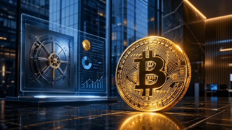 Das Logo der Bank Morgan Stanley neben einer physischen Bitcoin-Münze auf einem Schreibtisch.
