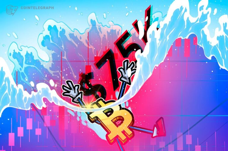 Ein absteigender roter Kurs-Chart hinter einer physischen Bitcoin-Münze auf dunklem Hintergrund.