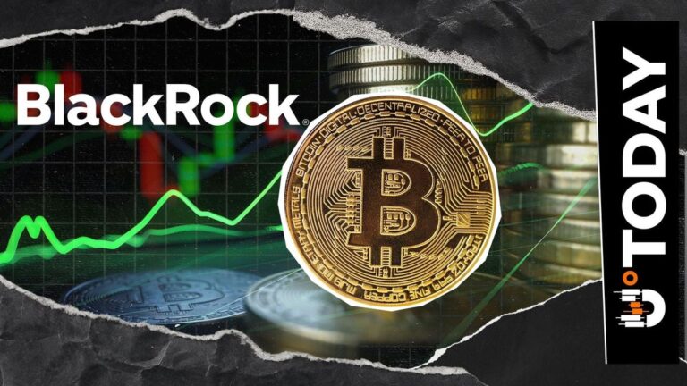 Ein aufsteigendes Bitcoin-Kursdiagramm mit dem Logo des Vermögensverwalters BlackRock im Hintergrund.