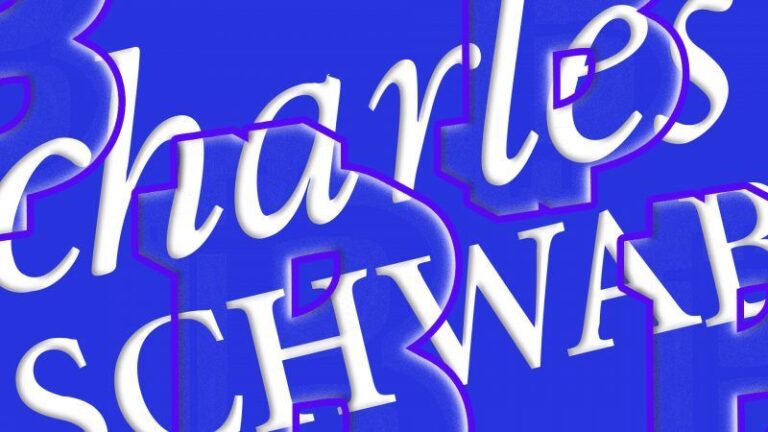 Smartphone mit dem Logo von Charles Schwab vor einem Bitcoin-Chart