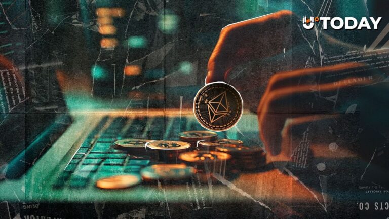 Roter nach unten zeigender Pfeil über einer Ethereum-Münze vor einem fallenden Kurs-Chart