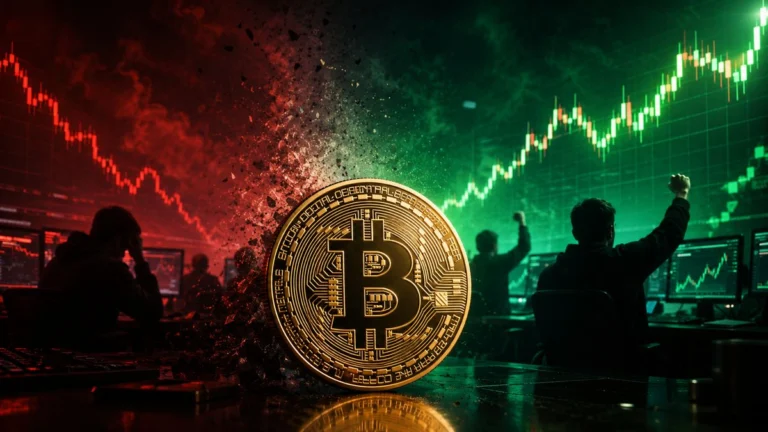 Steigender Kurs-Chart im Hintergrund mit einer physischen Bitcoin-Münze im Vordergrund auf einem Trading-Desk