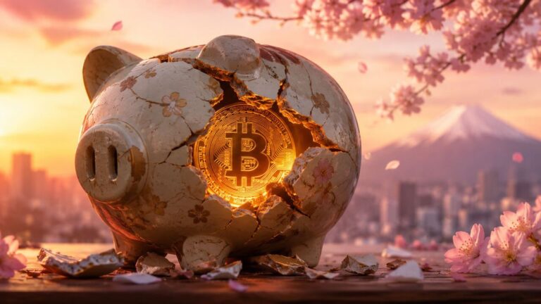 Eine physische Bitcoin-Münze vor der Skyline von Tokio und einem aufsteigenden Kurs-Chart