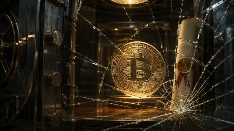 Ein roter Abwärtspfeil über einem Bitcoin-Logo auf einem digitalen Kurs-Chart.