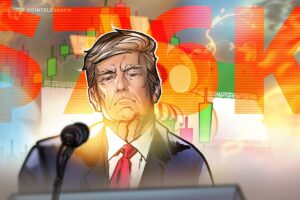 Sinkender roter Bitcoin-Kurs-Chart vor dem Hintergrund einer Weltkarte