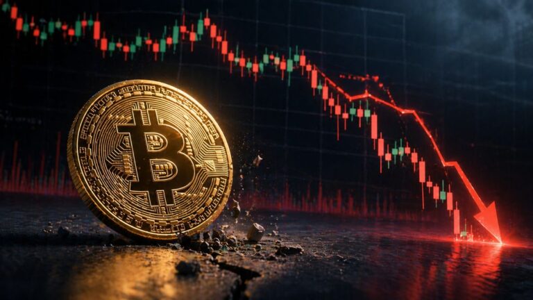 Bitcoin-Münze vor einem fallenden roten Kurs-Chart