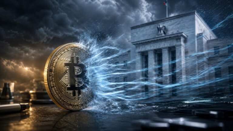 Roter absteigender Kurs-Chart neben einer physischen Bitcoin-Münze