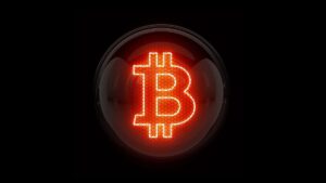 Roter Bitcoin-Kurs-Chart mit fallender Tendenz auf einem dunklen Hintergrund, der einen Markteinbruch visualisiert.