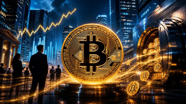 Bitcoin-Münze auf einem aufsteigenden Börsenchart mit Fokus auf institutionelle Investments