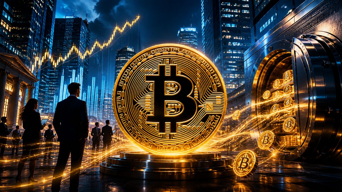 Bitcoin-Münze auf einem aufsteigenden Börsenchart mit Fokus auf institutionelle Investments