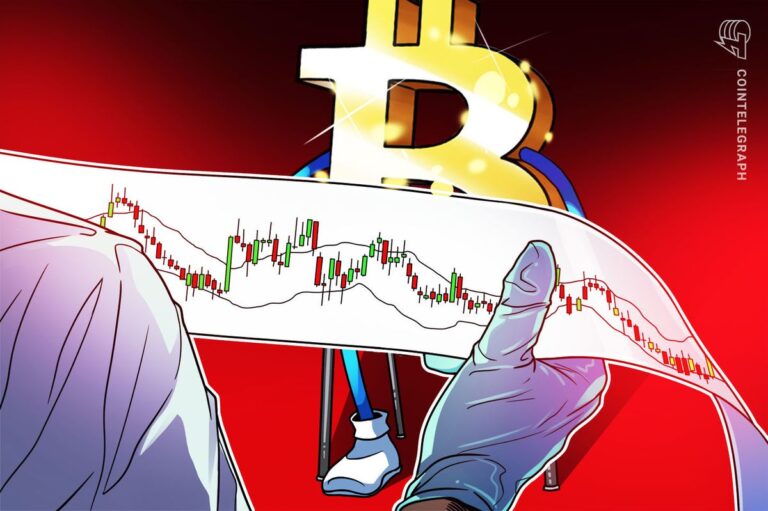 Roter fallender Chart-Pfeil über einer physischen Bitcoin-Münze vor einem dunklen Hintergrund