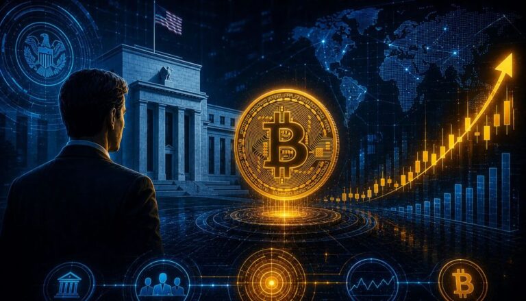 Düsterer Bitcoin-Kurs-Chart mit dem Gebäude der US-Notenbank im Hintergrund