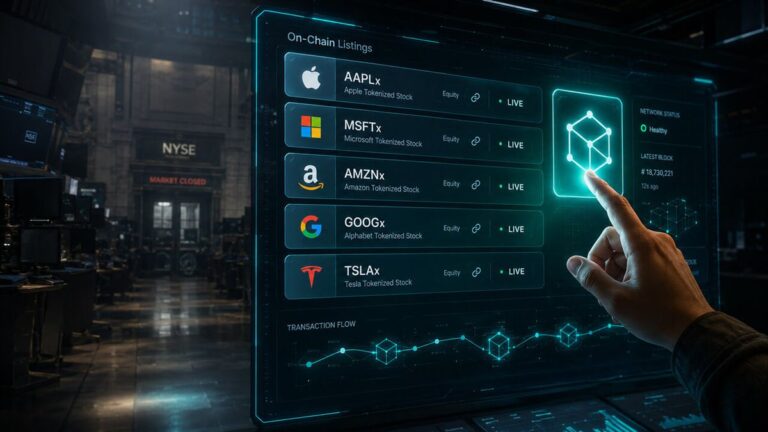 Das Siegel der US-Börsenaufsicht SEC vor einem digitalen Krypto-Kurs-Chart.