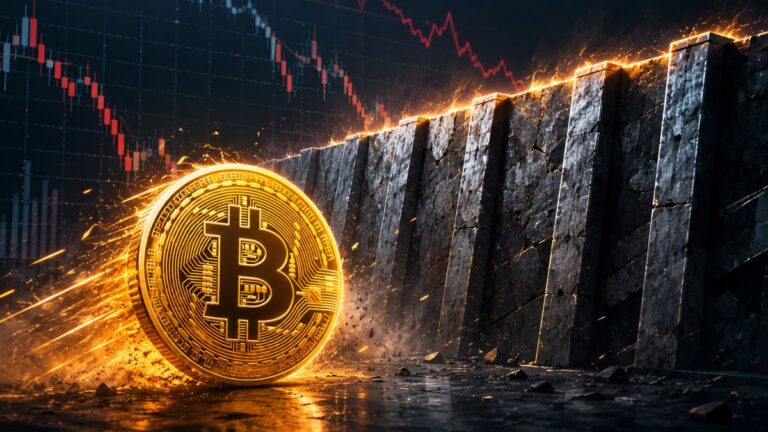 Bitcoin-Münze vor einem absteigenden roten Kurs-Chart und Trading-Indikatoren