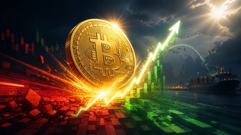 Physische Bitcoin-Münze vor einem stark steigenden grünen Kurs-Chart