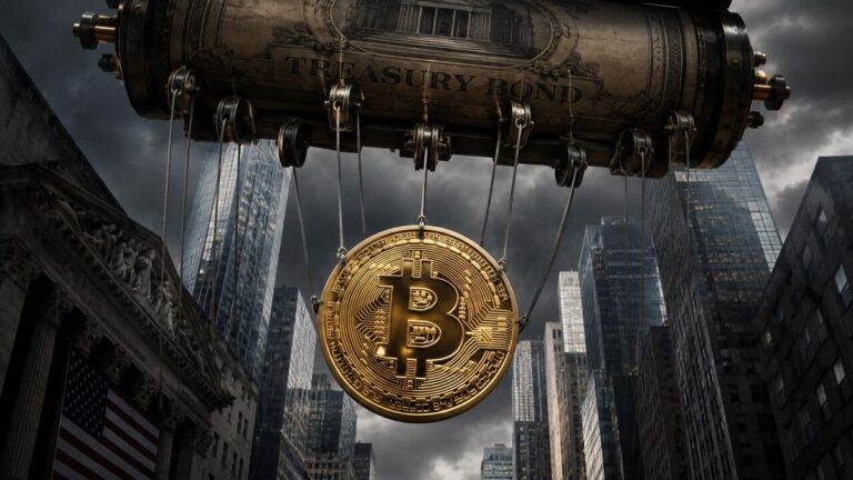 Ein Chart zeigt den Bitcoin-Kurs im Vergleich zu steigenden Renditen von US-Staatsanleihen