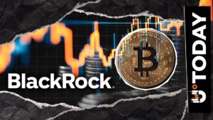 Firmenlogo von BlackRock vor einem fallenden Kurs-Chart und einer physischen Bitcoin-Münze