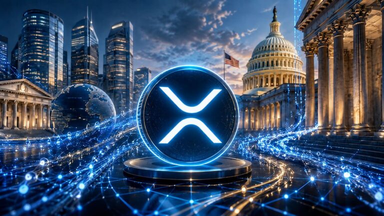 Ein leuchtendes XRP-Logo auf einem digitalen Kurs-Chart vor dem Hintergrund des US-Kapitols