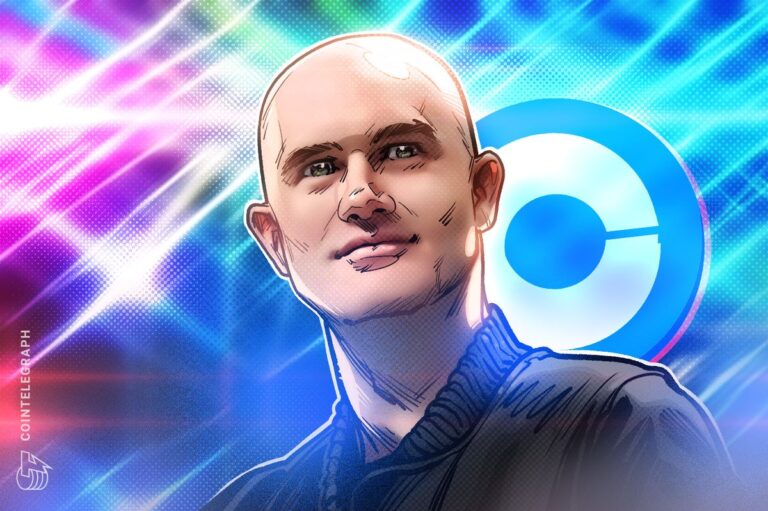 Porträt von Brian Armstrong neben einer Bitcoin-Münze und einem unscharfen Kurs-Chart im Hintergrund