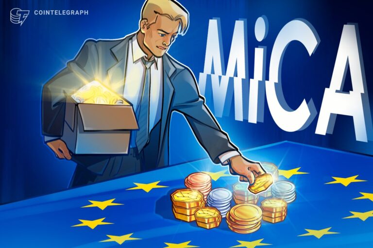EU-Flaggen neben Bitcoin- und Ethereum-Münzen auf blauem Hintergrund