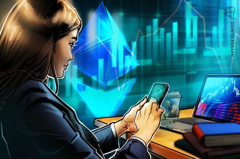 Ein roter fallender Kurs-Chart und eine physische Ethereum-Münze vor einem dunklen Hintergrund