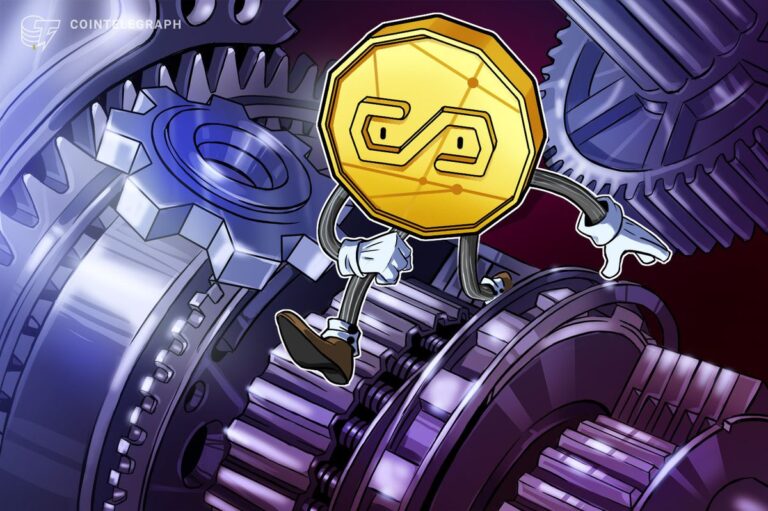 Ein Hacker-Code auf einem dunklen Bildschirm neben fallenden Stablecoin- und Bitcoin-Münzen