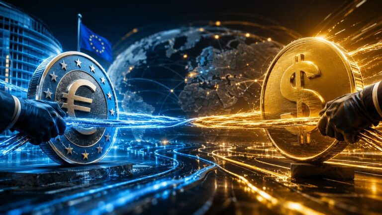 Eine Euro-Münze steht einer Tether-Münze auf einem digitalen Blockchain-Hintergrund gegenüber