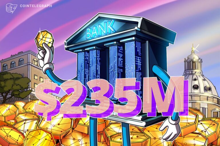 Bankgebäude von Intesa Sanpaolo mit Logos von Ethereum und XRP im Vordergrund