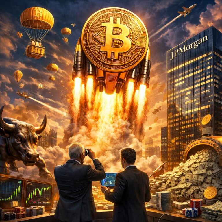 Physische Bitcoin-Münze vor einem aufsteigenden Börsenchart