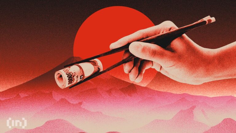 Eine physische Tether-Münze liegt auf einer japanischen Flagge neben Finanzdaten.