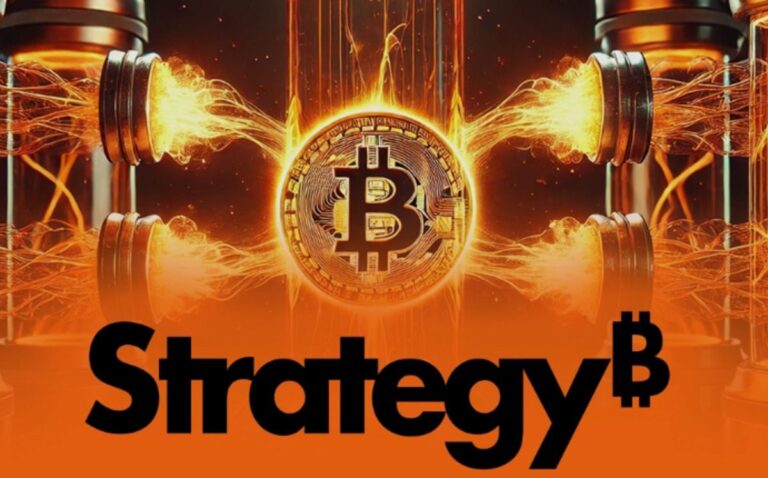 Porträt von Michael Saylor neben einem Bitcoin-Logo und Kursdaten