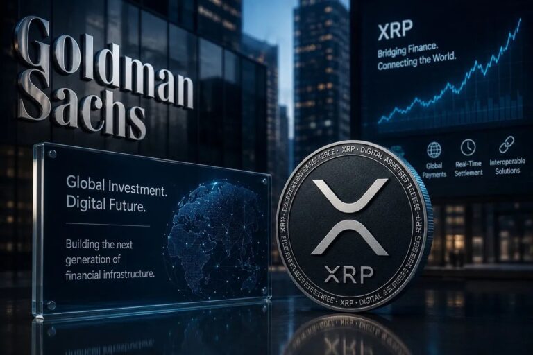 Das Logo von Goldman Sachs vor einem Chart der Kryptowährung XRP auf digitalen Bildschirmen.