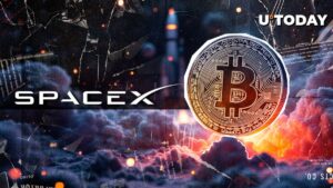 Eine SpaceX-Rakete startet vor einem stilisierten Bitcoin-Logo und einem Kurs-Chart
