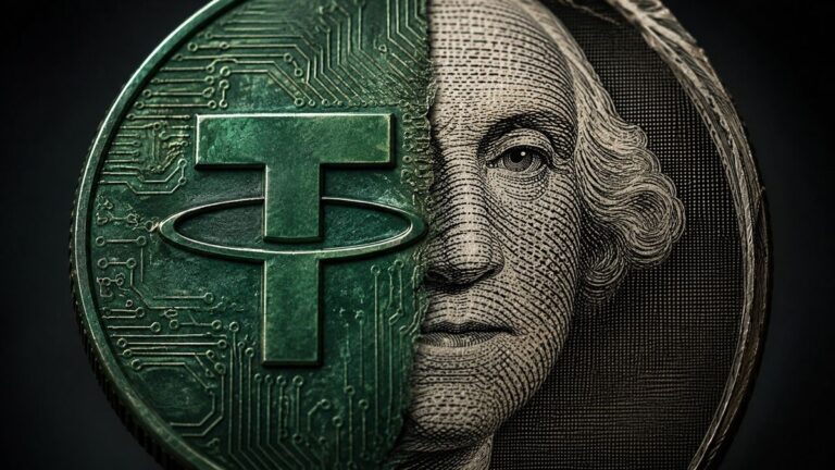 Eine physische Tether-Münze (USDT) vor einem Hintergrund mit US-Dollar-Banknoten und einem ansteigenden Finanz-Chart.