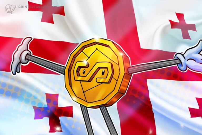 Eine physische Tether-Münze vor der Flagge Georgiens als Symbol für den neuen Stablecoin GELT