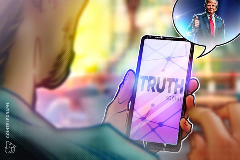 Logo der Trump Media & Technology Group vor einem fallenden Bitcoin-Kurschart