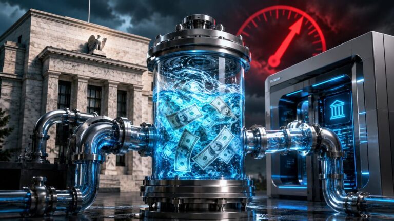 Das Gebäude der US-Notenbank Federal Reserve mit einem digitalen Krypto-Netzwerk im Hintergrund