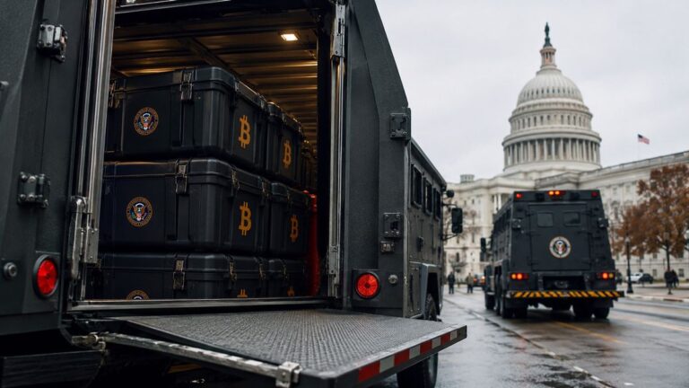 US-Kapitol im Hintergrund mit einer leuchtenden Bitcoin-Münze im Vordergrund, die eine strategische Reserve symbolisiert