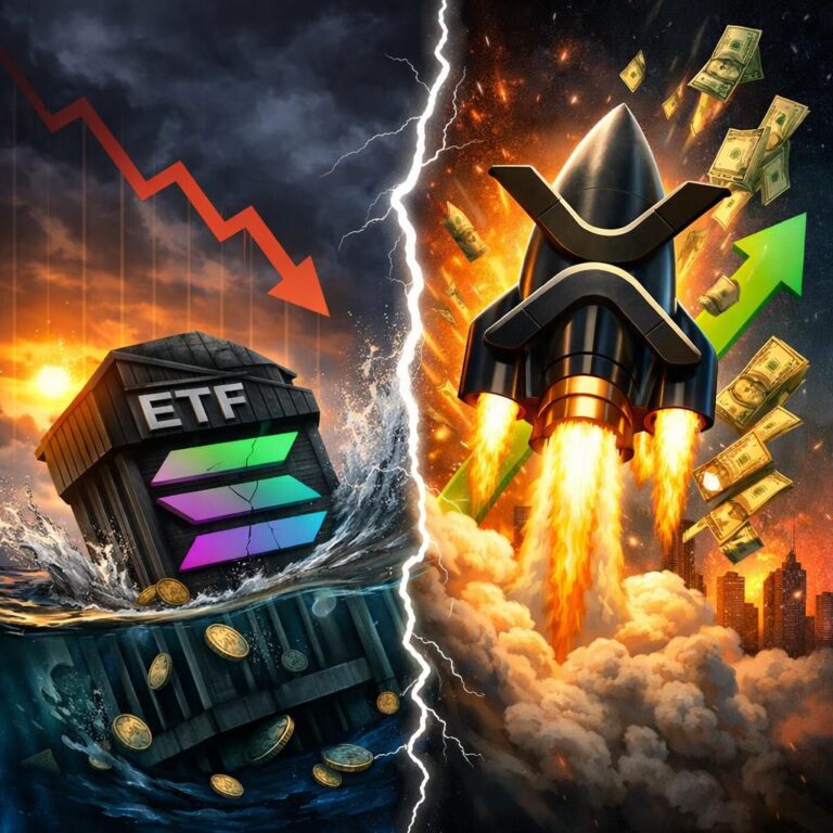 Ein Balkendiagramm vergleicht die wachsenden ETF-Zuflüsse von XRP und Solana