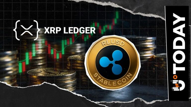 Physische Ripple-Münze neben einem steigenden Kurs-Chart und dem Logo des XRP Ledgers.