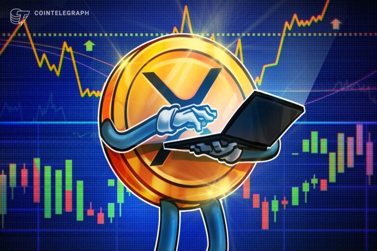 Physische XRP-Münze vor einem steigenden Kurs-Chart