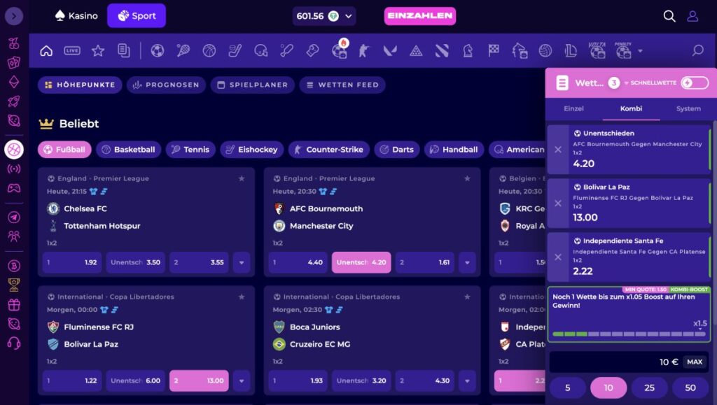 Screenshot der Crashino Sportwetten inklusive Wettschein