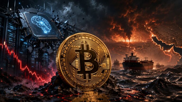 Porträt von Arthur Hayes vor einem fallenden Aktienchart und einer Bitcoin-Münze
