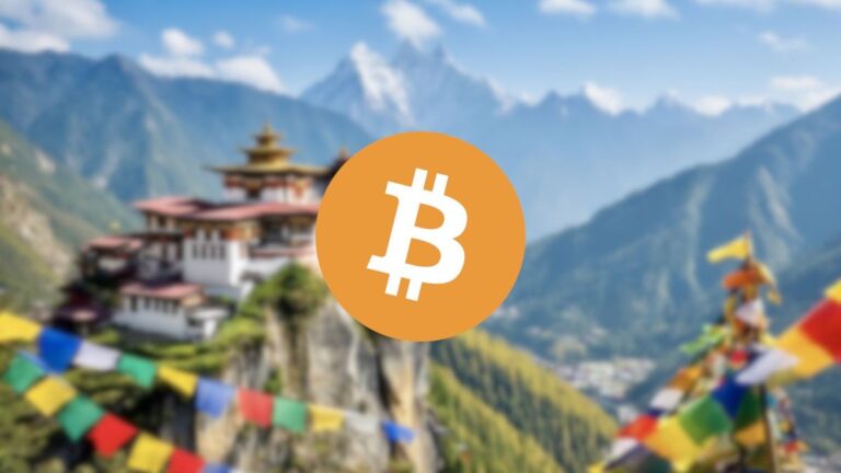 Kryptowährung Bitcoin vor der Nationalflagge von Bhutan und dem Logo der Kryptobörse Binance