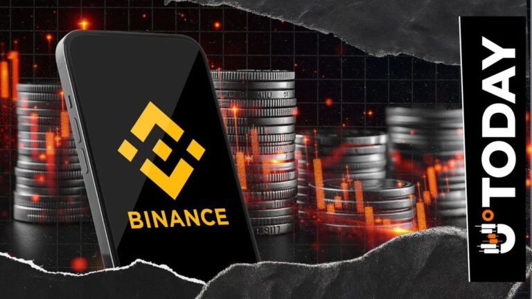 Binance-Logo neben Tether- und Bitcoin-Münzen vor einem Kurs-Chart