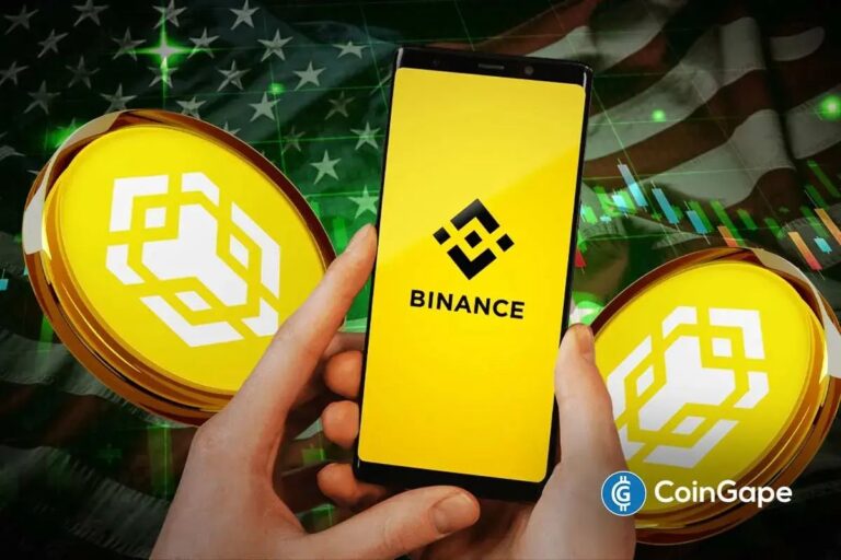 Das Binance-Logo neben einer Tether-Münze und einem steigenden Aktien-Chart