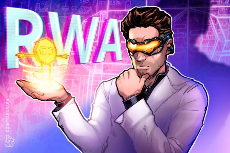 Ein Diagramm, das den starken Aufwärtstrend von tokenisierten Assets neben einer physischen Bitcoin-Münze zeigt.